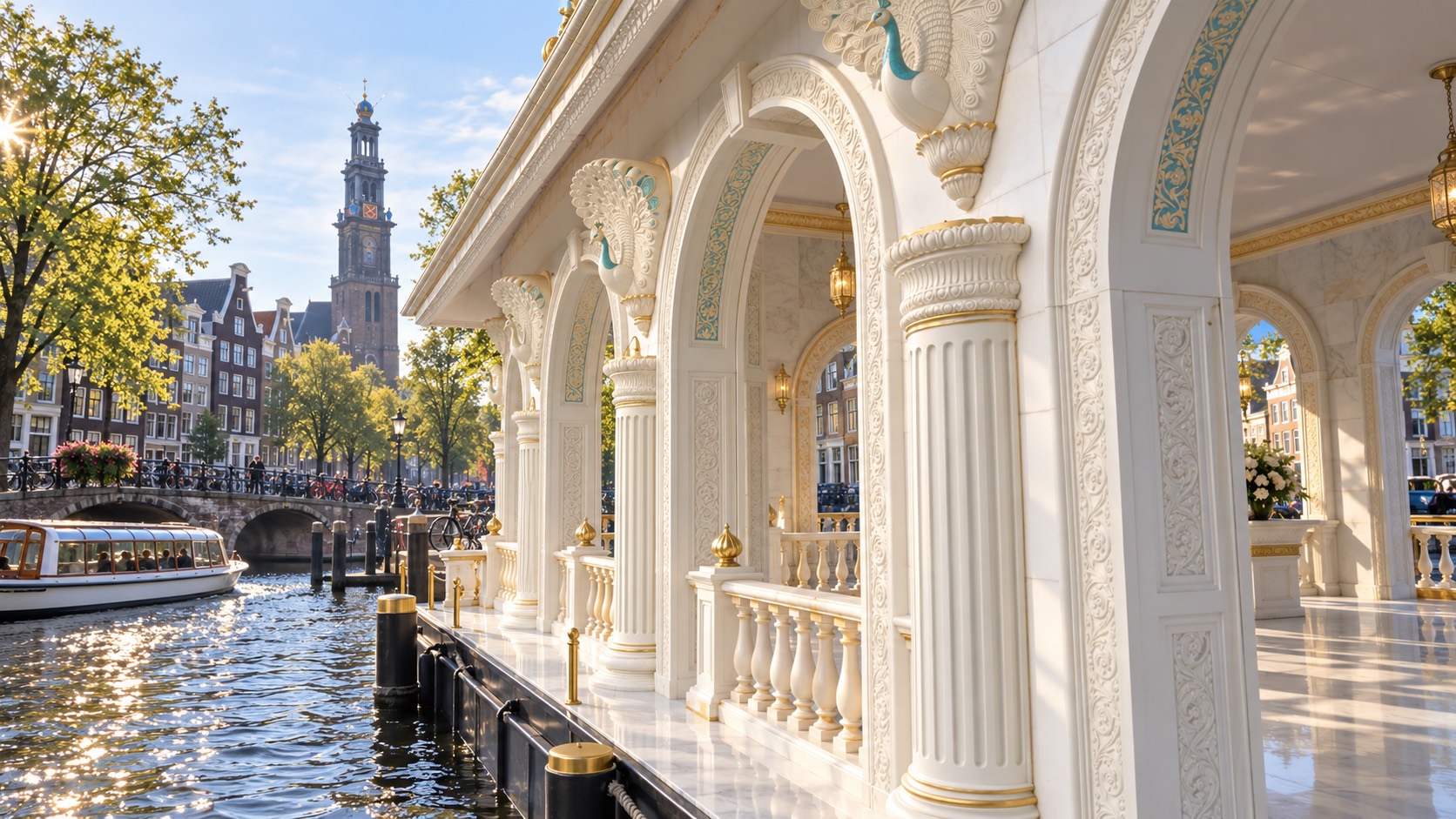 AI-assisted close architectural concept of carved temple arches beside Amsterdam canal water and the Westertoren