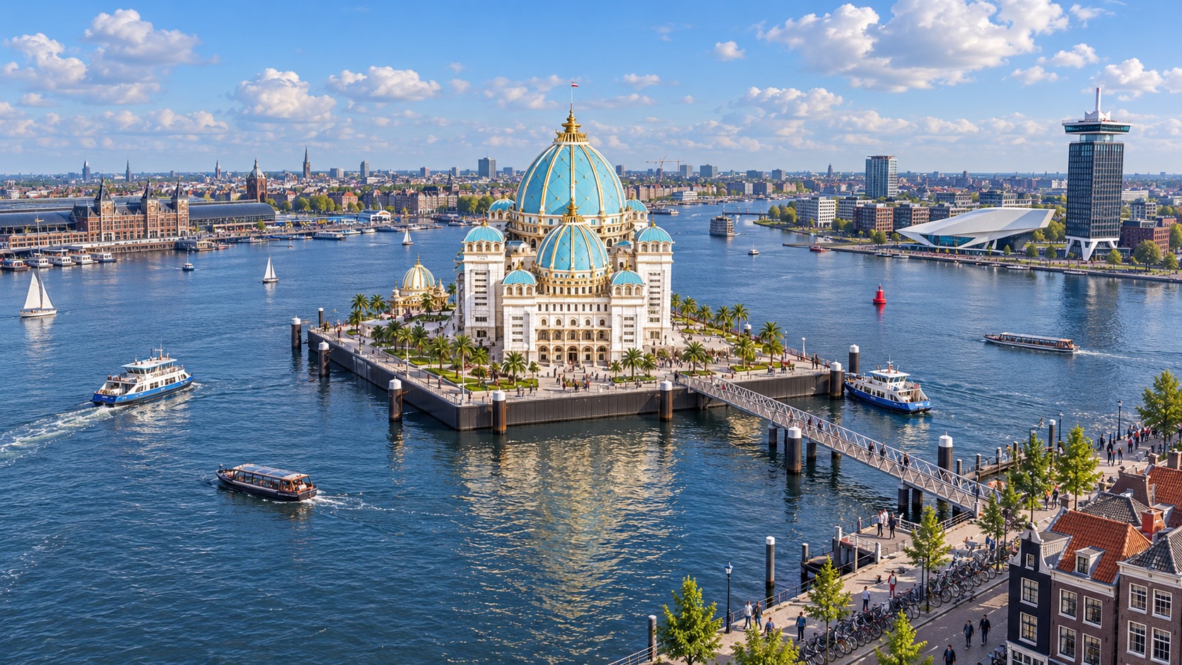 AI-assisted aerial concept of the floating Jagannath temple in Amsterdam’s Binnen-IJ with ferries, EYE and A’DAM Tower