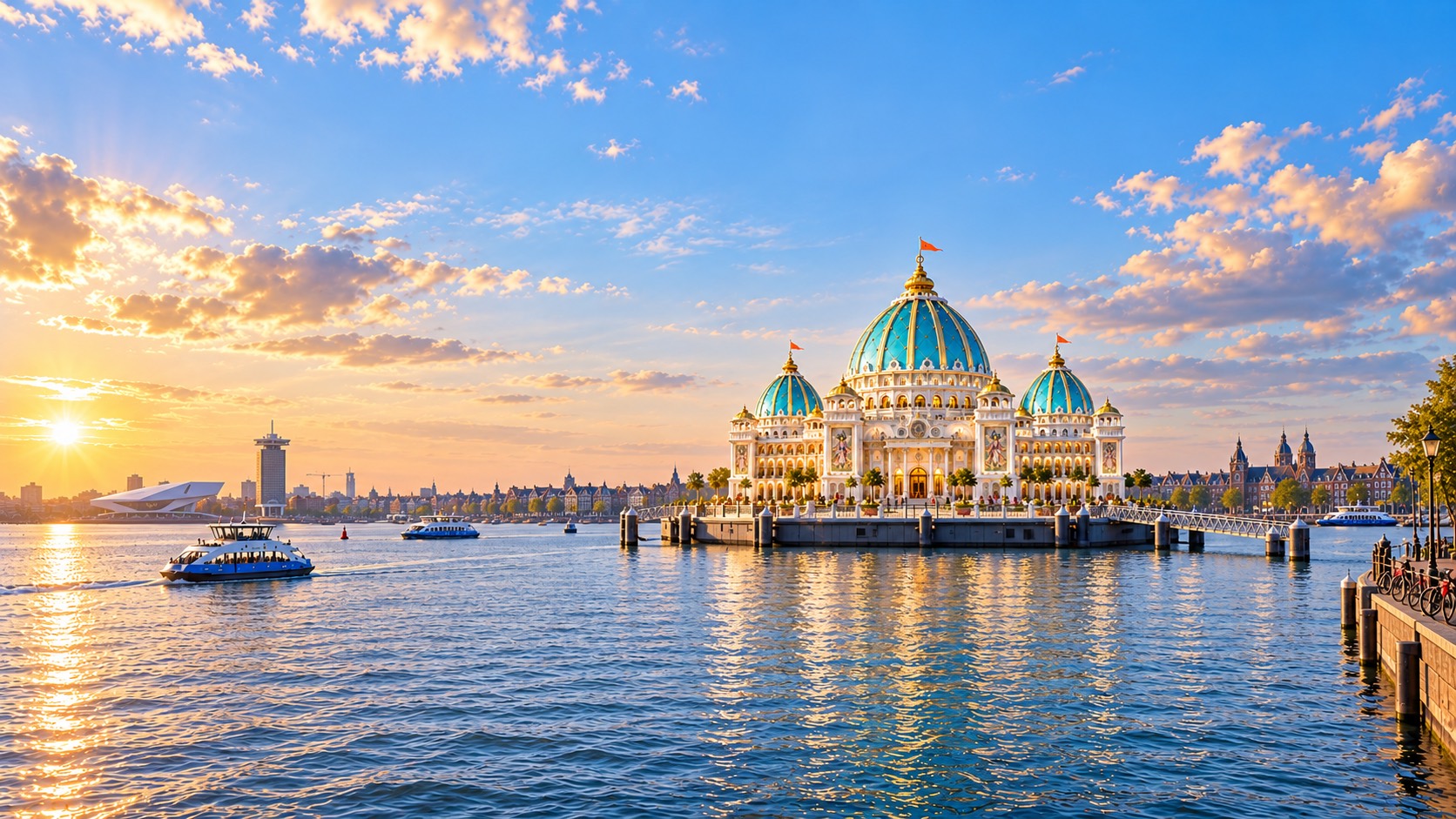Aspirational concept of a turquoise-domed Jagannath temple floating across Amsterdam’s Binnen-IJ at sunset