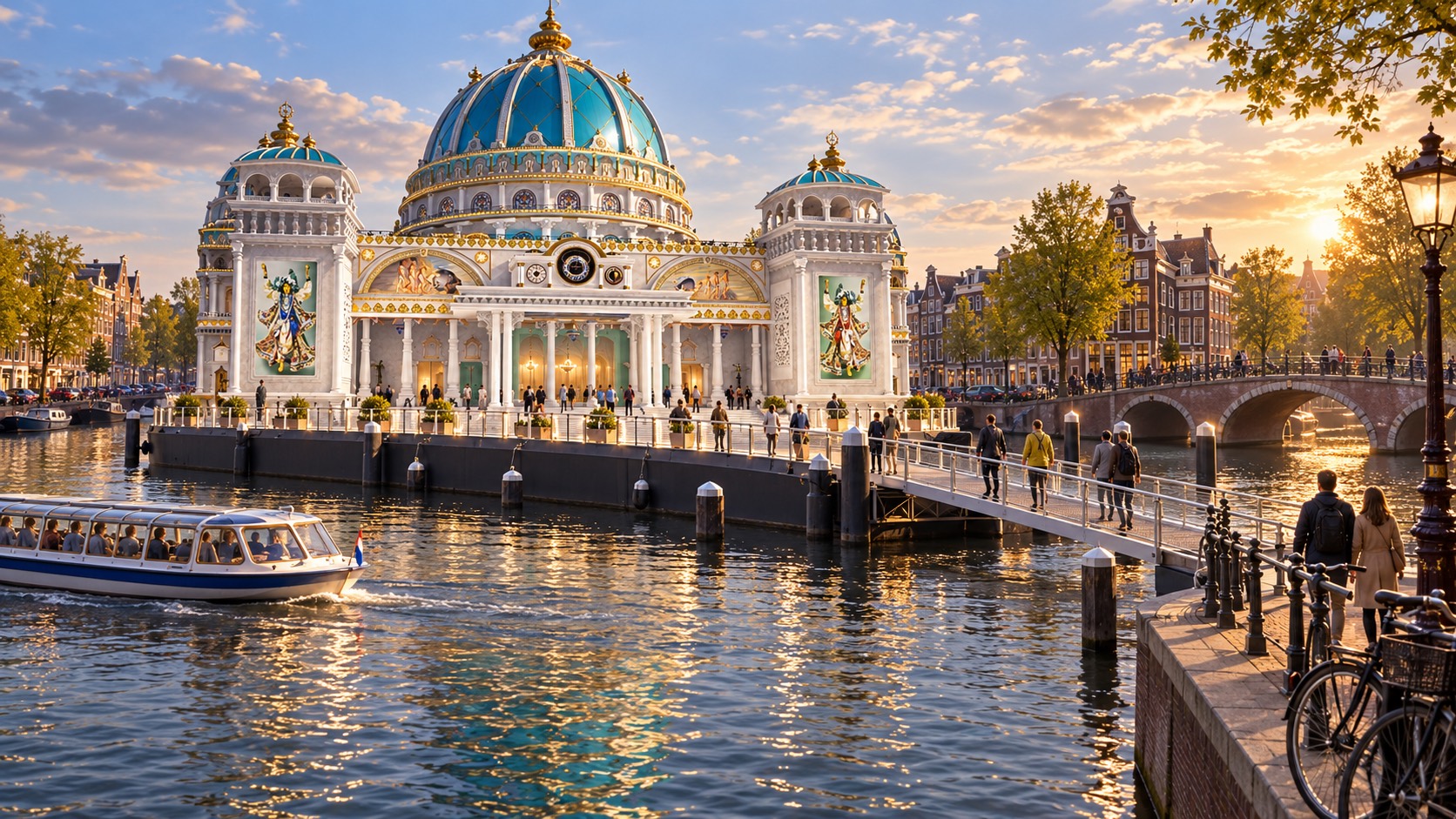 AI-assisted concept of visitors reaching the floating Jagannath temple from an Amsterdam canal quay at golden hour