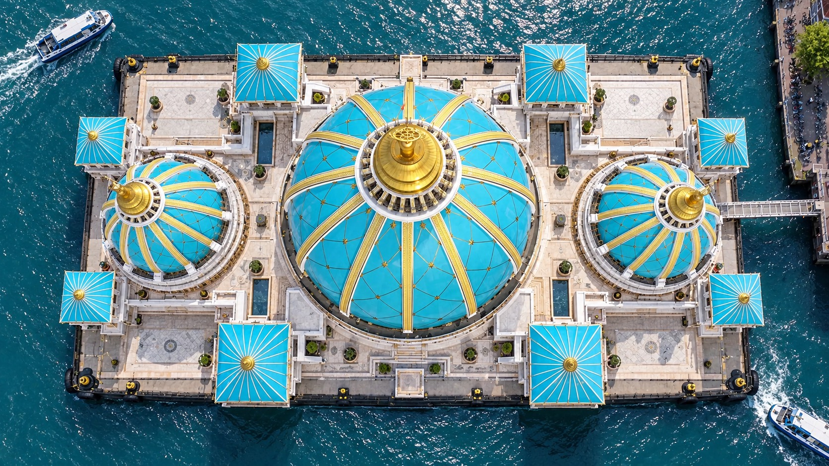Aspirational top-down concept of turquoise-and-gold temple domes on a floating Amsterdam platform