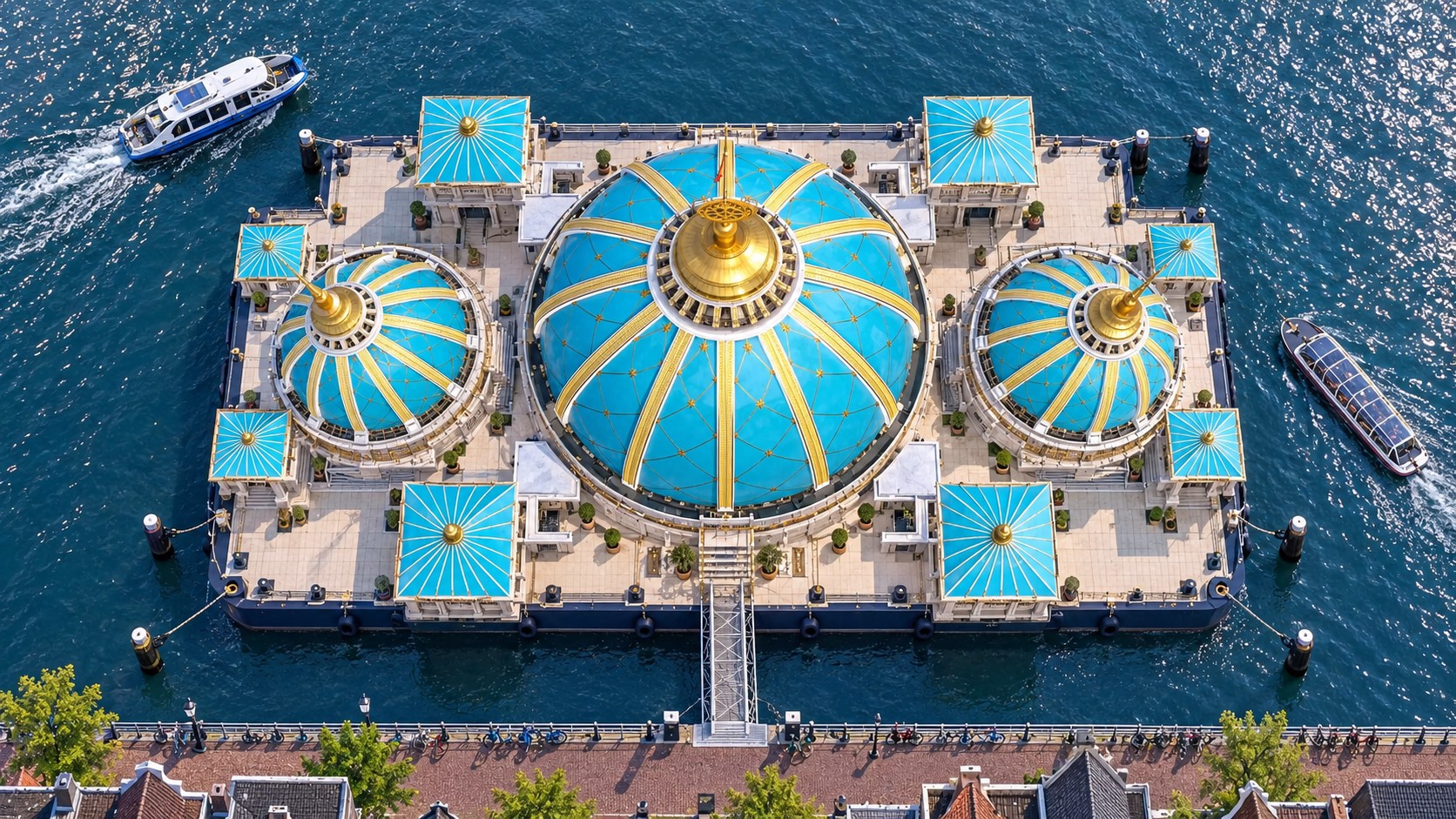 Aspirational aerial concept showing the complete temple platform surrounded by Amsterdam water