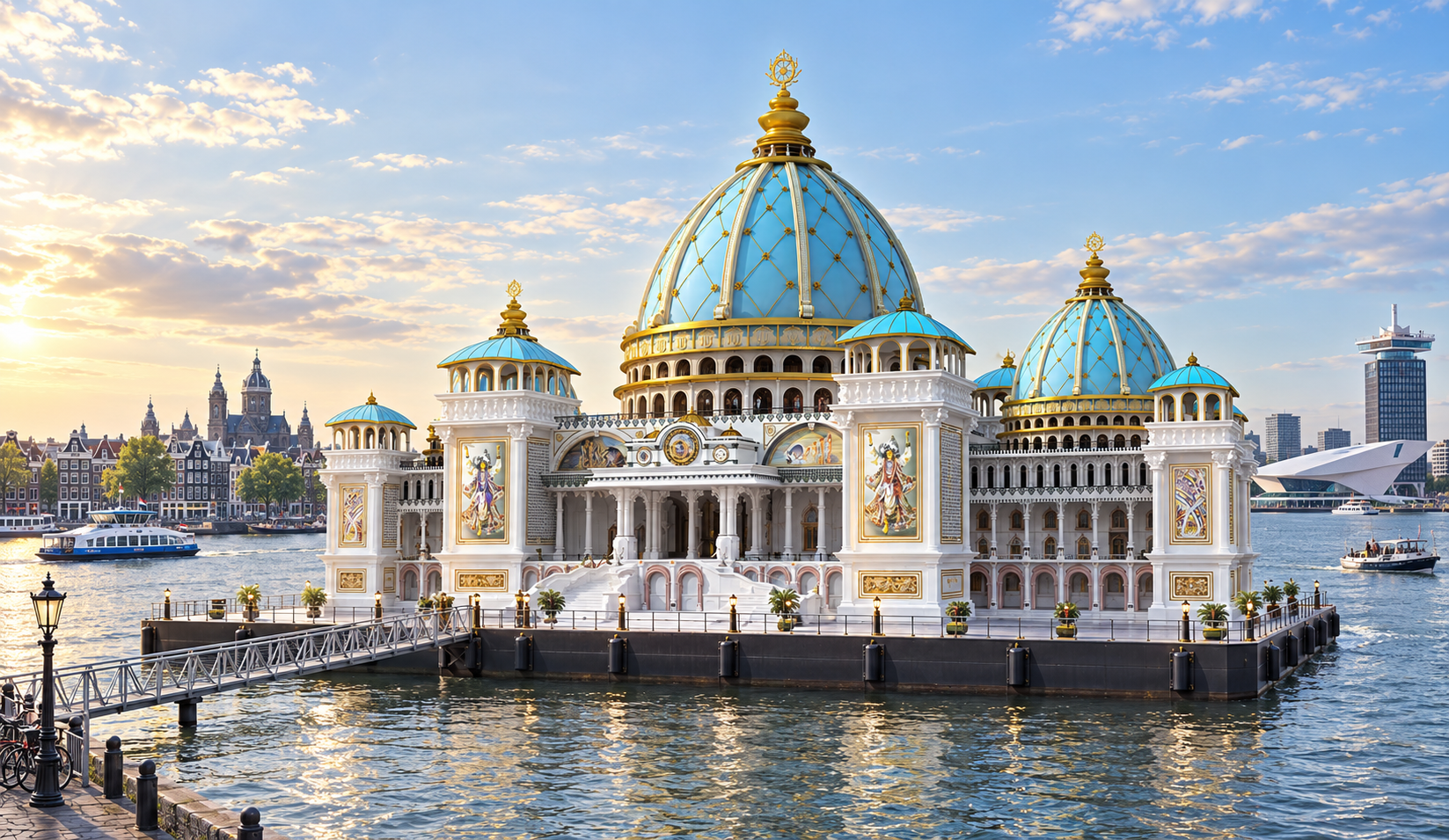 Jagannath Universe white-and-gold temple with turquoise domes on a distinct floating platform in Amsterdam’s Binnen-IJ, surrounded by water, ferries, canal houses, EYE and the A’DAM Tower